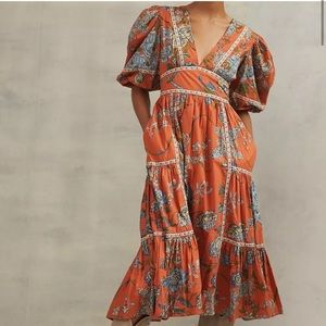 Love the Label Anthropologie Medium Orange V Neck Midi Puff Sleeve Dress